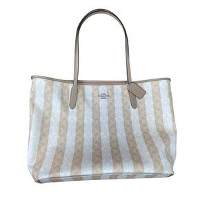 Coach sig city womans large beige striped canvas leather tote bag NWT SKU 9120